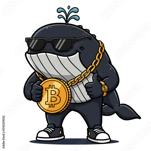 Whale mascot with Bitcoin necklace and splash tail