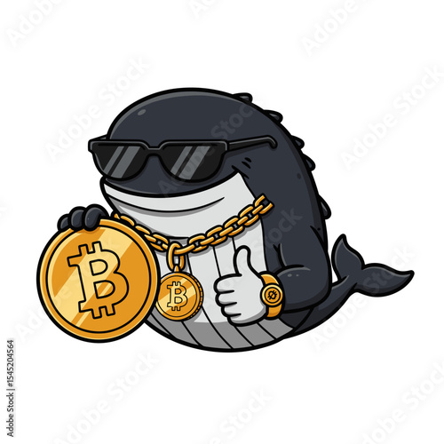 Whale leaning on Bitcoin medallion with chain