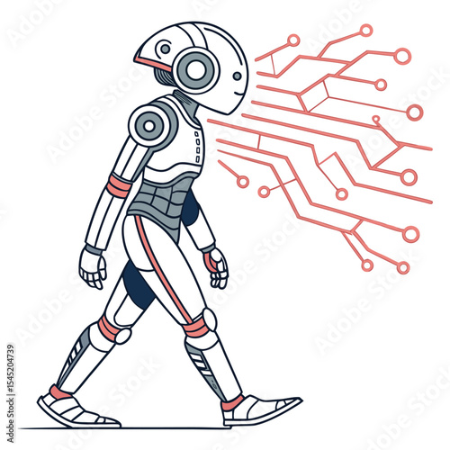 Illustration of a humanoid robot walking with circuit board lines emanating from its head area