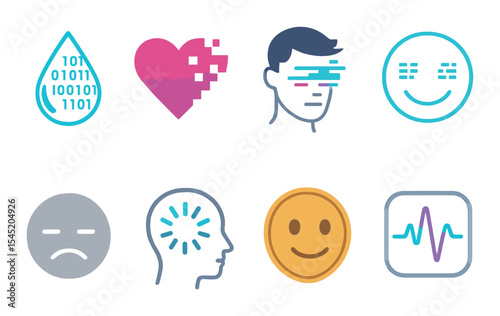 Futuristic emotion icons set – neon, digital mood and expression symbols