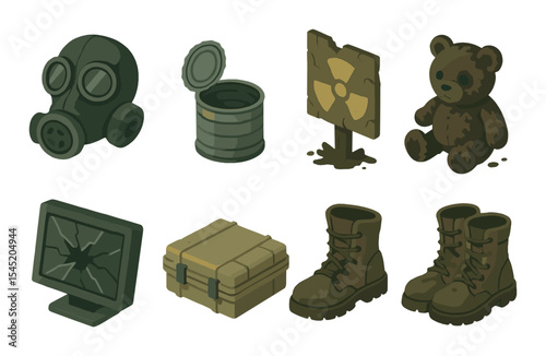Post apocalyptic icons set – 3d, survival and dystopian themed symbols