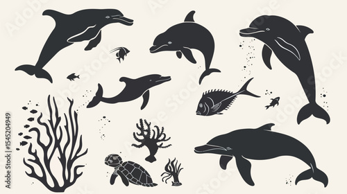 Sea life vector silhouette illustration set 