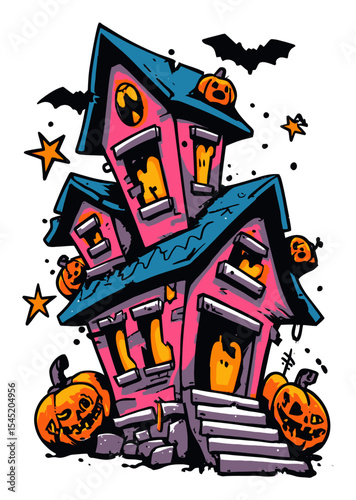 Spooky Cartoon Haunted House with Jack-o'-lanterns and Bats for Halloween