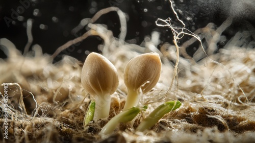 Two small mushrooms growing from soil, with one mushroom slightly larger than the other, 