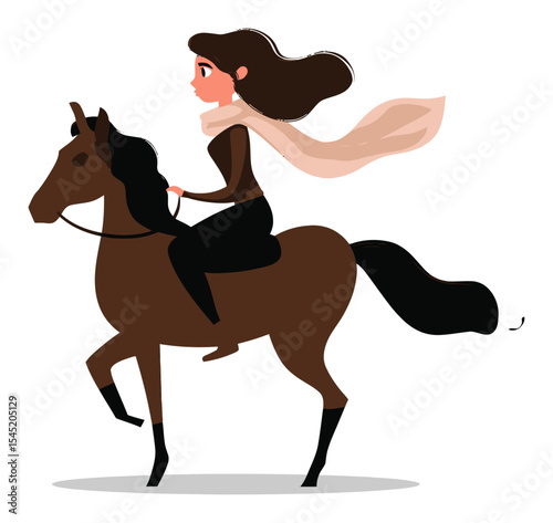 Cartoon Vector of Woman Riding Horse with Scarf in a Playful Style