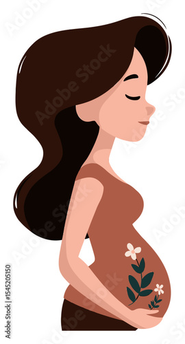 Cartoon Illustration of a Pregnant Woman with Floral Accents in Vector Style