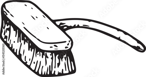 A black-and-white sketch of a sturdy scrub brush with dense bristles, ideal for cleaning surfaces, perfect for household, janitorial, and hygiene-themed illustrations