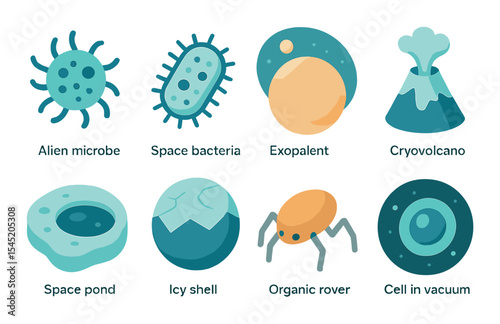 Astrobiology icons set – flat, cosmic biology and extraterrestrial exploration symbols