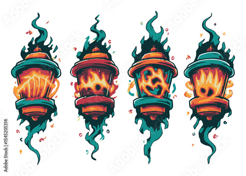 Colorful Vector Art of Four Creative Lantern Designs with Flames and Smoke