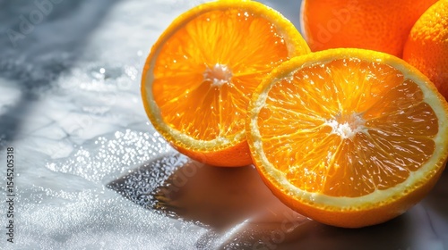 Three oranges, one sliced open, placed on a white surface with a shadow cast by another orange, creating a dramatic effect.