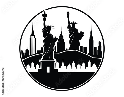 NYC Skyline and American Liberty Silhouette Vector