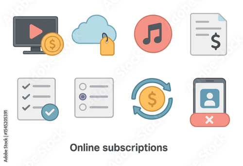 Digital subscription icons set – flat, online services and payment symbols