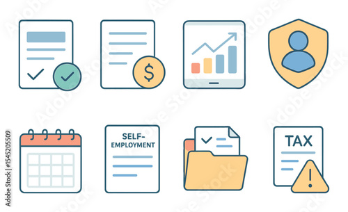 Financial and tax tools icons set - outline, fiscal management and accounting symbols