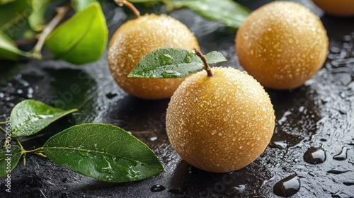 Three fresh, golden-yellow pears with green leaves on a dark, textured surface with water droplets, set against a dark background with a few scattered leaves.