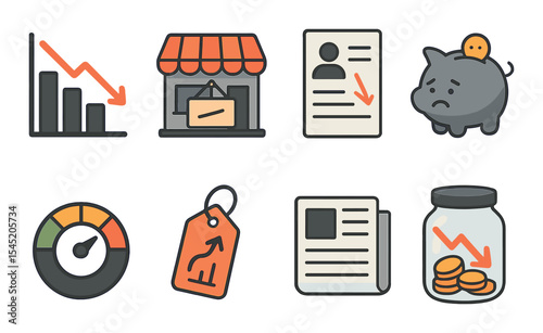 Economic crisis icons set – outline, financial downturn, economy symbols collection