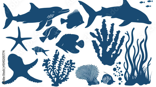 Sea life vector silhouette illustration set 
