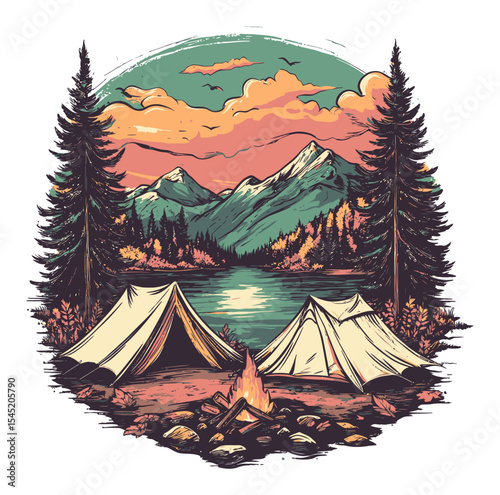 Serene Mountain Campsite with Tents and Lake Under Colorful Sunset