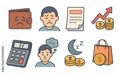 Financial stress icons set – flat, economic pressure and money management symbols