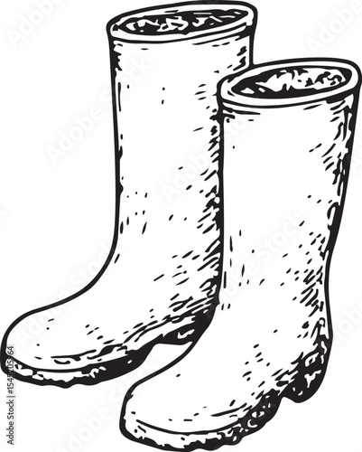 A black-and-white sketch of sturdy rubber boots, designed for foot protection during cleaning, ideal for wet or outdoor janitorial illustrations