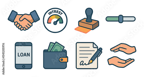 Loan process icons set – outline style, financial and banking symbols collection