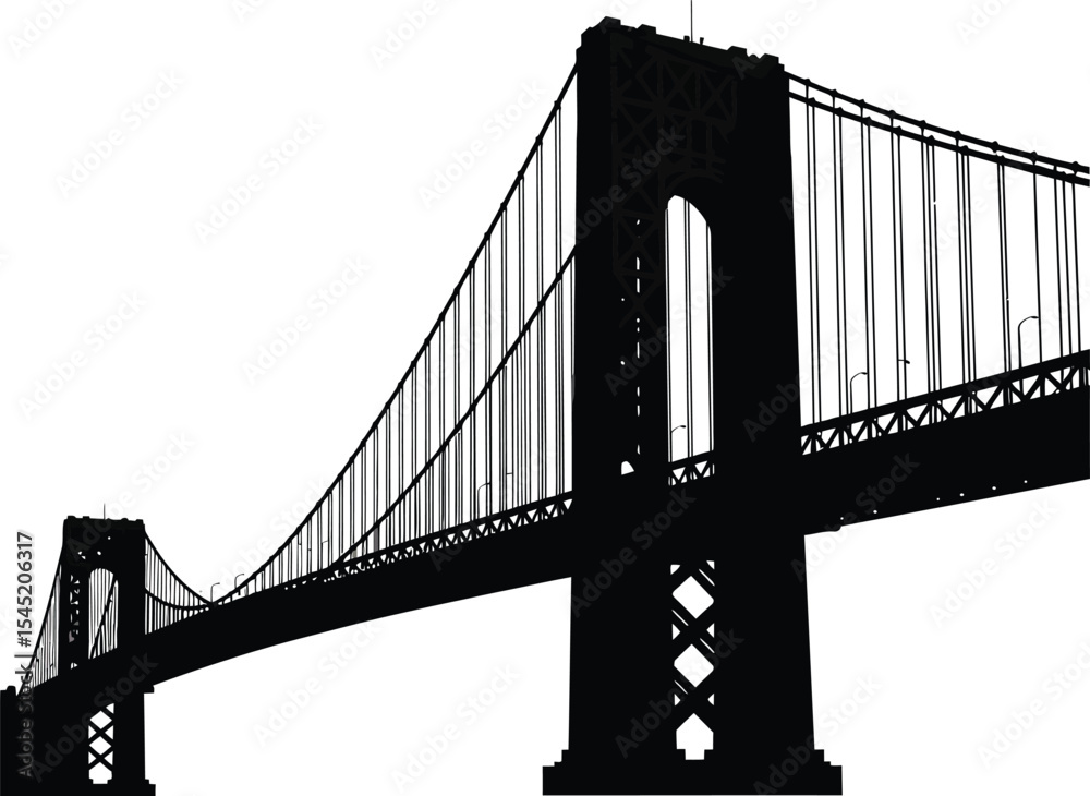 Fototapeta premium Silhouette of a Brooklyn Bridge, New York City, black and white, white background, is one of the most famous bridges in the United States. vector illustration
