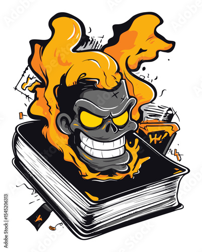 Fiery Skull and Book Illustration for Edgy Graphic Design Projects