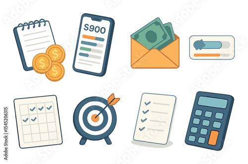 Personal finance tools icons set – outline, budgeting and money management symbols
