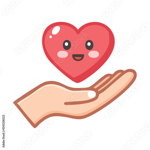 A cartoon hand holding a smiling red heart