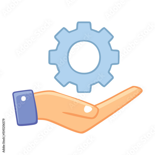 An illustrated image of a hand holding a gear wheel symbolizing support and service. The image shows a hand supporting a gear