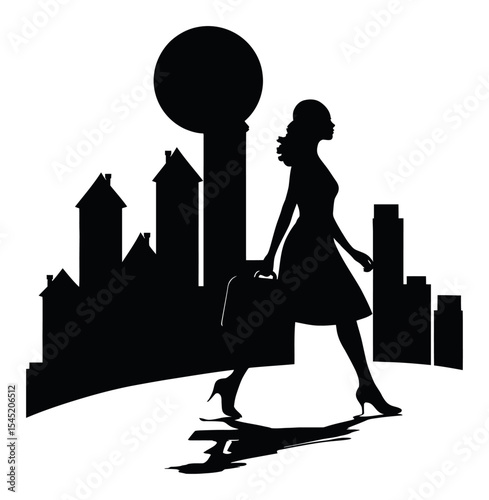 Elegant Silhouette of a Businesswoman Walking in Urban Landscape at Dusk
