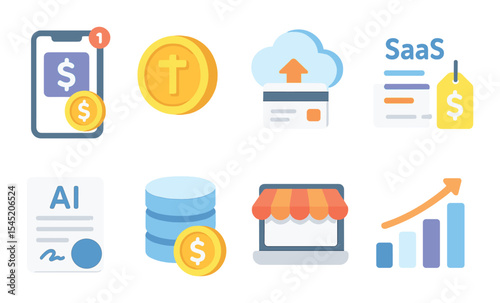 Digital economy icons set – flat, finance and e-commerce symbols for business
