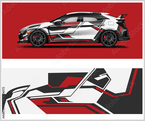Modern Car Wrap Design with Geometric Shapes in Red White and Black