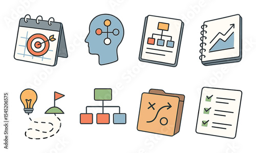 Business planning icons set – outline, corporate and strategy development symbols