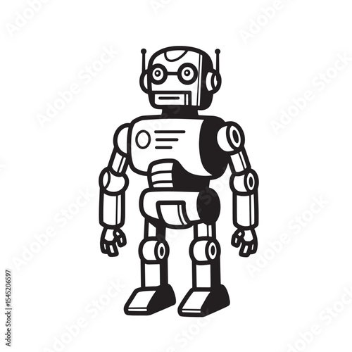 Vintage art silhouette of a friendly robot character on white background
