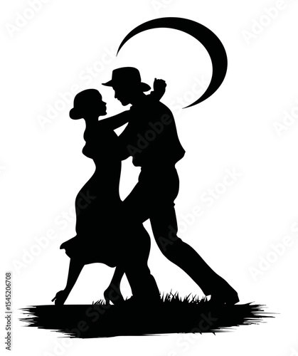 Graceful Silhouette of a Couple Dancing Under a Crescent Moon at Night