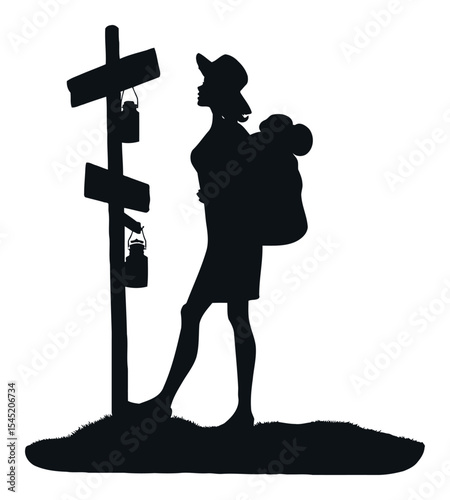Woman Silhouette with Backpack and Signpost on White Background