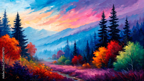 Serene forest landscape at dusk, with a variety of rich, saturated colors illuminating the trees, mountains, and a winding road, evoking a sense of tranquility and natural beauty.