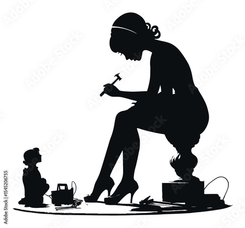Elegant Silhouette of Woman Sculpting While Child Observes in Art Scene