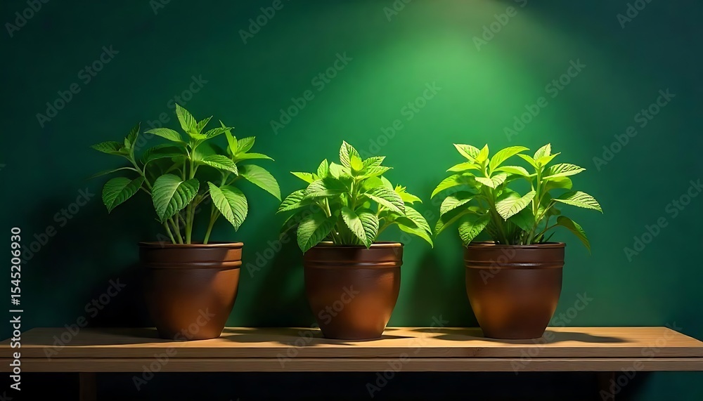 Obraz premium Trio of Potted Herbs on Rustic Wooden Shelf with Dark BackdropHerb Garden Display with Three Pots on Wood Shelf in Moody LightingMinimalist Kitchen Herb Setup with Wooden Shelf and Dark Contrast