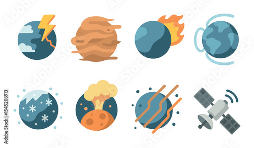 Space weather icons set – flat, cosmic climate and atmospheric phenomena symbols