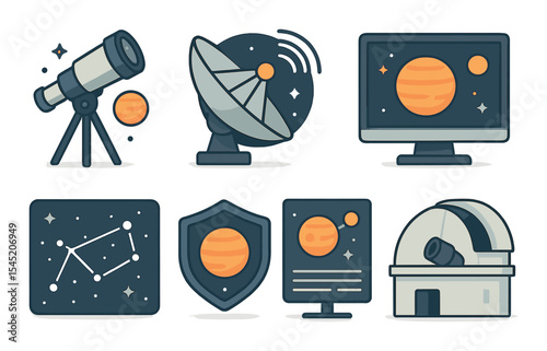 Exoplanet discovery icons set – flat, astronomy and space exploration graphics