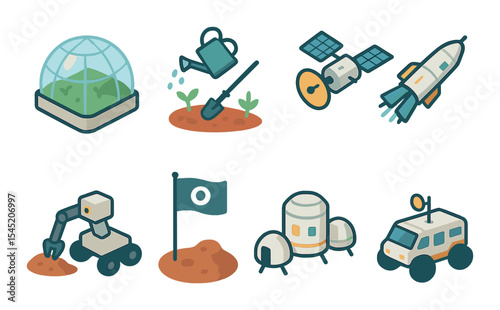 Futuristic space colony icons set - flat, modern space exploration and sci-fi symbols