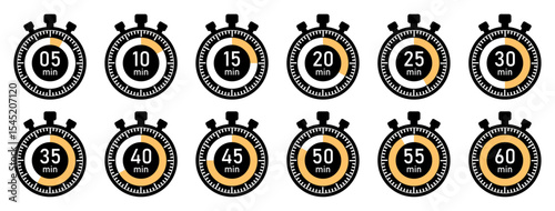Set of stopwatch icons with countdown times from 5 to 60 minutes. Modern flat vector style for fitness, schedule apps, time tracking, and UI design elements.
