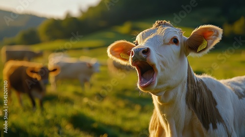 A white and brown cow with a large open mouth, standing in a green field with other cows in the background, under a clear blue sky with a few clouds.