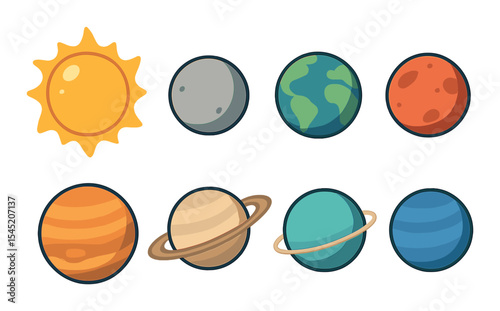 Minimalist solar system icons set – line, celestial and planetary graphics