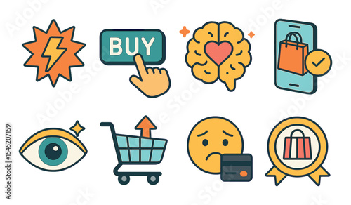 Impulse buying icons set – outline, shopping and consumer behavior symbols