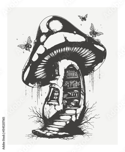 Hand-Drawn Artistic Mushroom with Books and Butterflies in Black and White