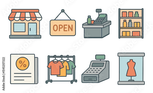 Modern retail outline icons set – linear, shopping and commerce symbols collection