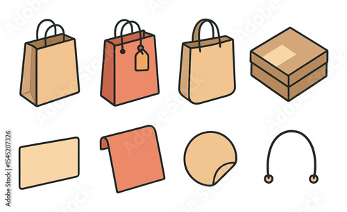 Retail packaging icons set – outline shopping, merch, and box symbols