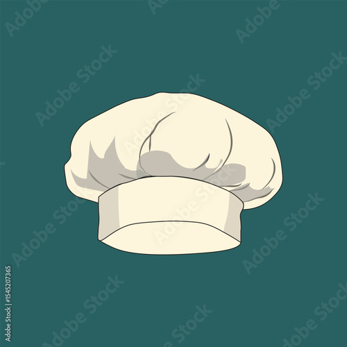 A classic white chef's hat, softly illustrated, set against a dark teal background. This iconic symbol represents culinary arts, cooking, restaurants, and professional gastronomy.